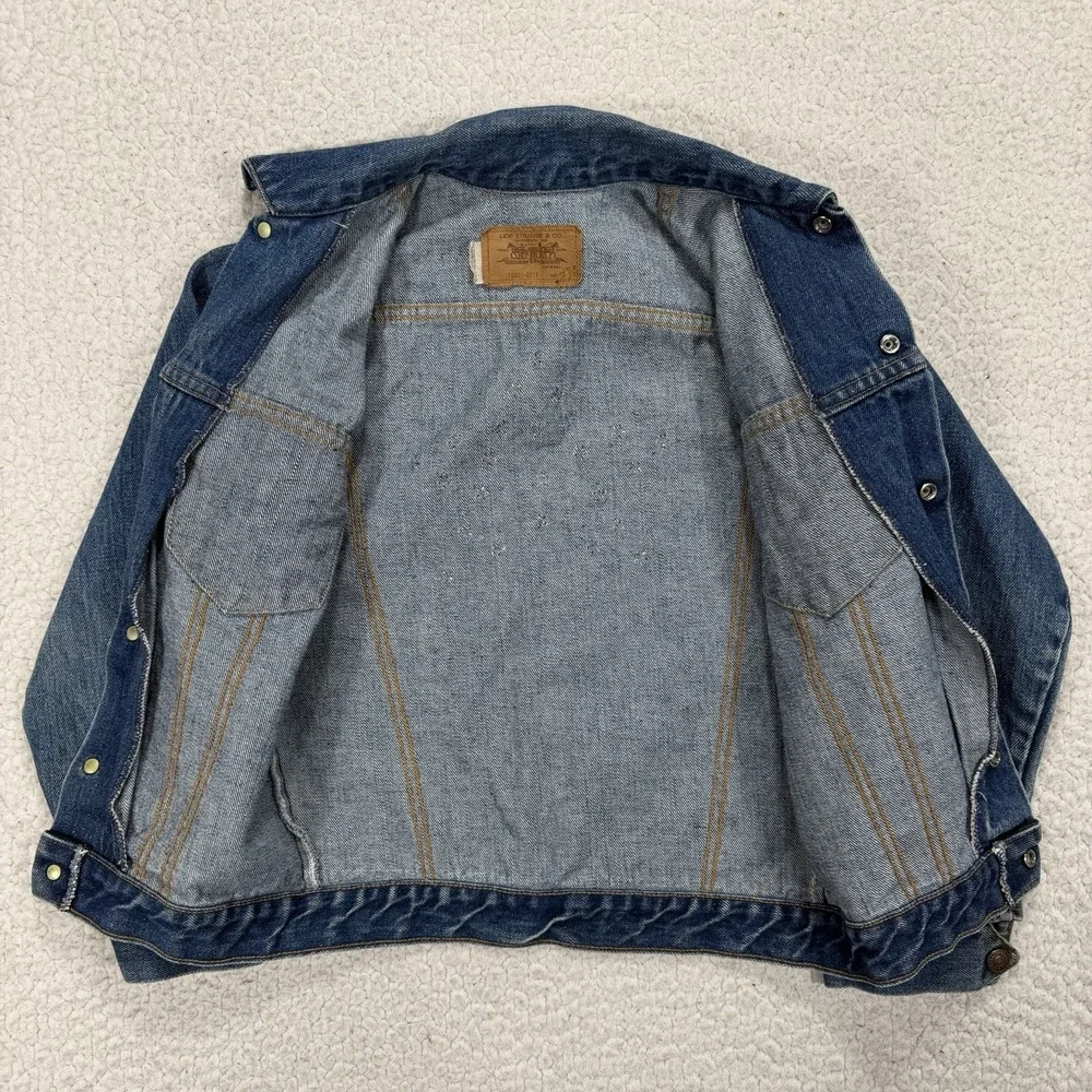VTG 70s Levi's Kids Denim Trucker Jacket Size 12 USA Orange Tab Western Heritage
